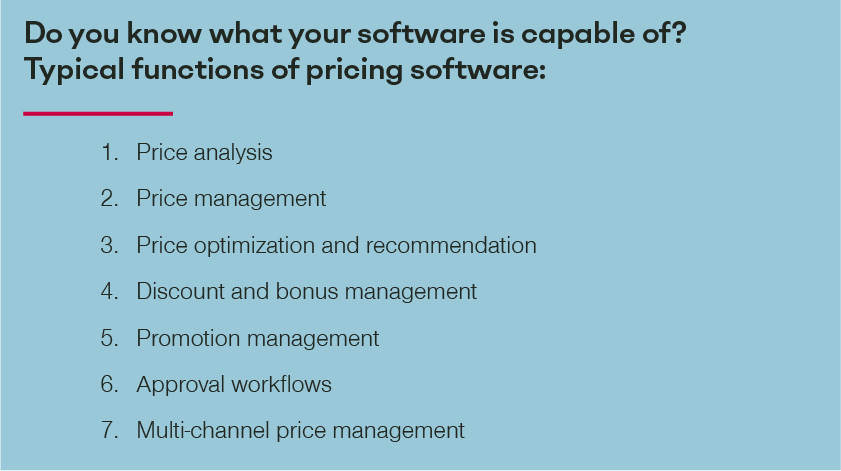 Typical functions of pricing software table