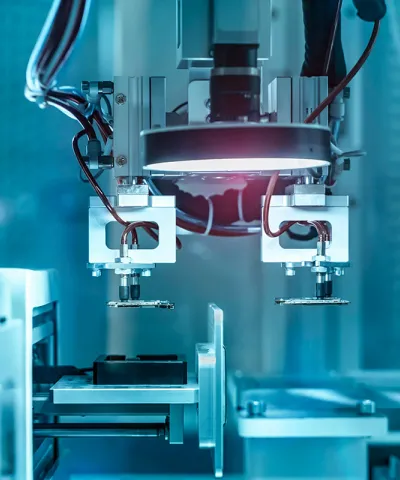 Industrial machinery with shining light on blue background