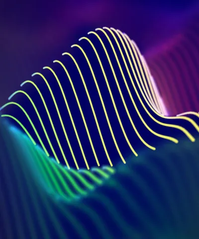 Computer generated image of lines and waves on purple background